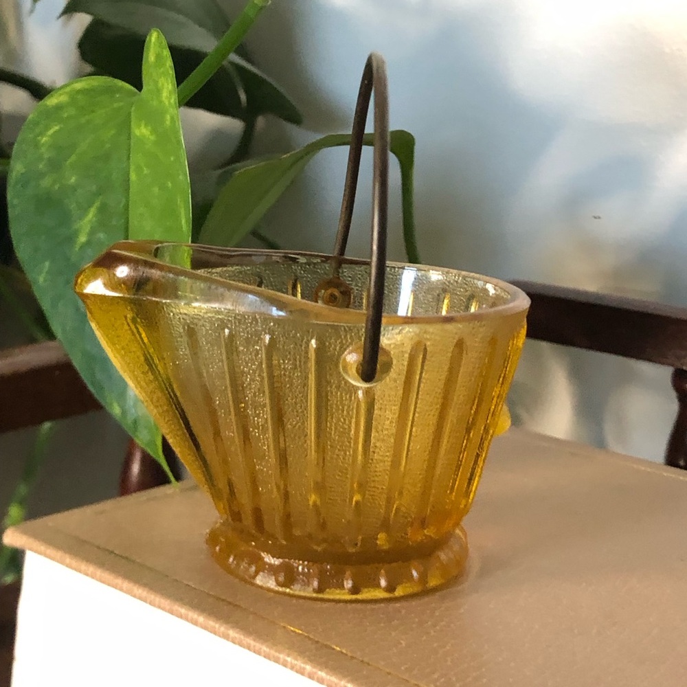 Vintage Amber Glass Miniature Coal Scuttle Bucket / Toothpick Holder
